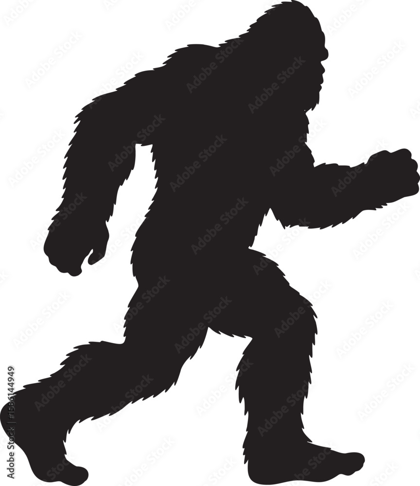 Fototapeta premium Silhouette of bigfoot creature walking with arm raised in wilderness