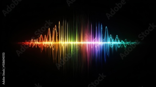 Colorful sound waves on black background. Abstract digital audio visualization. Music equalizer concept. Vibrant neon lines for technology or music design
