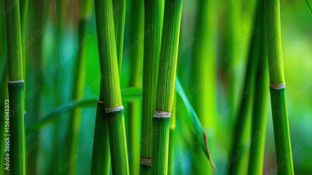 Fototapeta premium Close-up of vibrant green bamboo stalks with detailed texture and natural background.