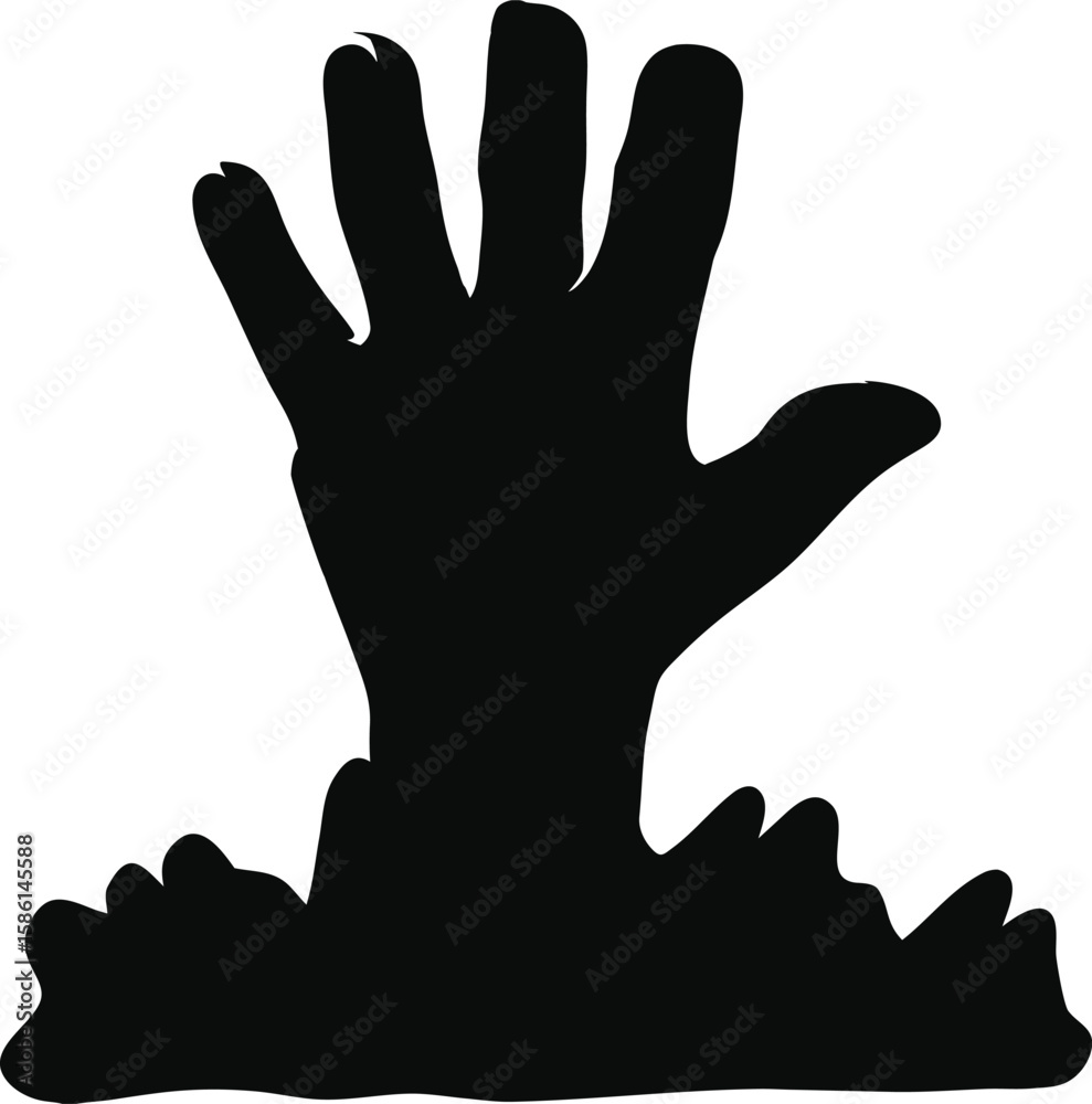 Obraz premium Creepy Hand Rising from the Grave – Spooky Silhouette Vector for Halloween and Horror Themes, hand rising from grave, spooky grave hand silhouette, creepy hand from earth vector