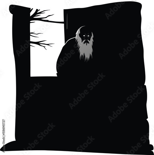 Creepy Old Man with a Cane and Long Beard – Spooky Silhouette Vector for Halloween and Haunted Themes, creepy old man silhouette, spooky old man with cane, haunted elderly man vector