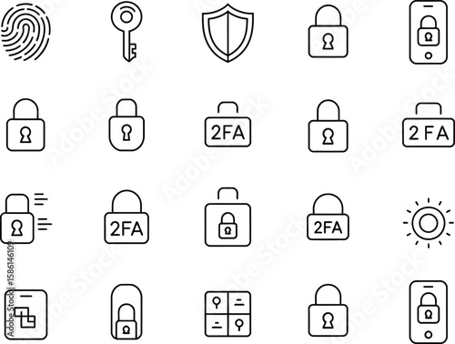 Security Icons Set Fingerprint, Key, Shield, Padlock, 2FA Authentication Symbols