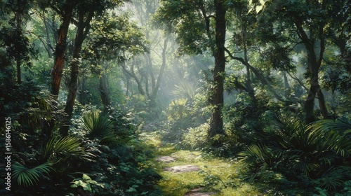 Serene Jungle Glade with Sunlight Streaming Through Leaves