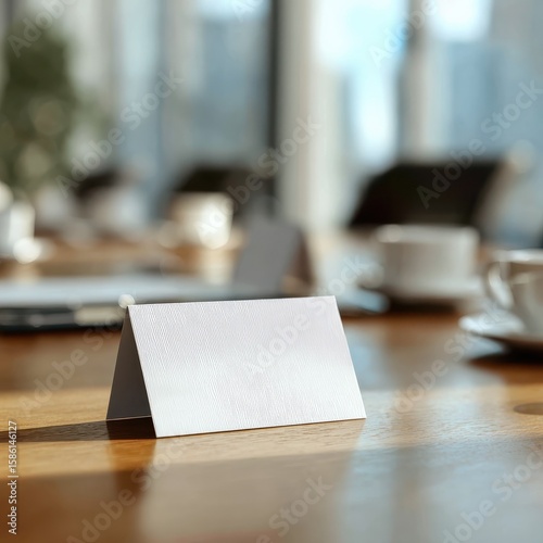 A blank name tag on a clean table with a blurred background symbolizing uncertainty, anonymity, and the absence of identity in a chaotic environment