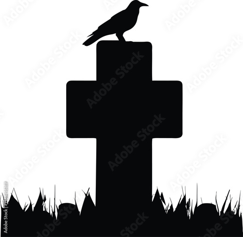 Crow Sitting on Cross-Shaped Tombstone – Spooky Silhouette Vector for Halloween and Cemetery Themes, crow on tombstone vector, spooky crow silhouette, halloween cemetery crow
