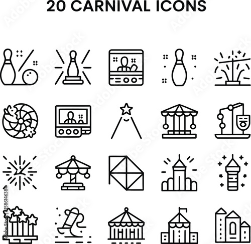 Set of 20 Line Carnival Icons Featuring Bowling, Booth, Carousel on Transparent Background