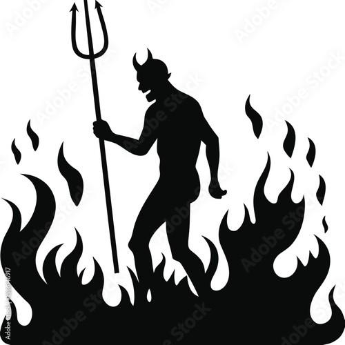 Devil with Horns and Pitchfork Standing in Flames – Spooky Silhouette Vector for Halloween and Horror Themes, devil silhouette in flames, horned devil vector, spooky pitchfork devil illustration

