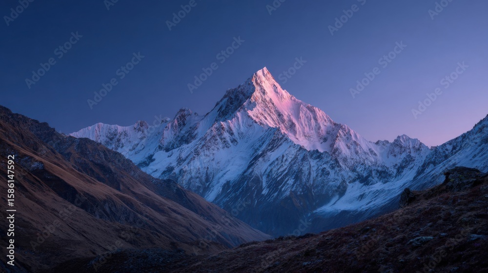 Fototapeta premium Majestic Snow Capped Mountain Peak at Sunrise with Clear Sky and Rugged Terrain.