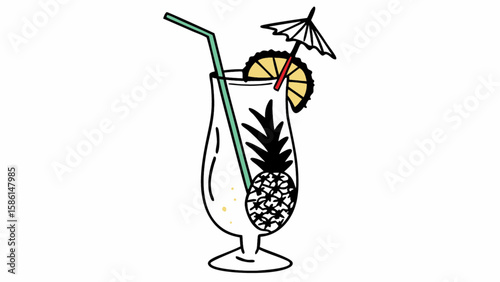Illustration of a tropical drink with pineapple, straw, and umbrella in a tall glass design element