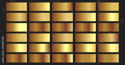 A collection of gold gradient rectangles showcases varied shades of luster and sheen across a dark backdrop, highlighting gradients from brilliant yellow to rich bronze tones