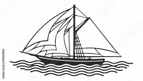 Illustration of a sailboat with multiple sails on wavy water in black and white outline style drawing art