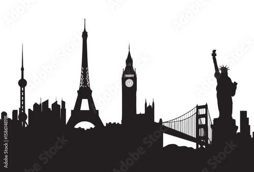 Global Landmarks Silhouette: A captivating skyline featuring iconic global landmarks in silhouette, evoking a sense of wanderlust and exploration.