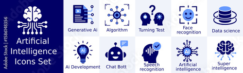 A set of artificial intelligence icons featuring Ai development, algorithm, and face recognition icons