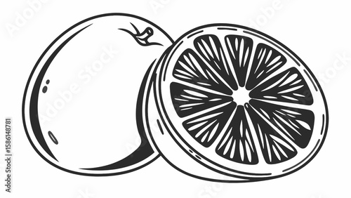 Illustration of a whole orange and a halved orange with visible segments and peel in black and white style