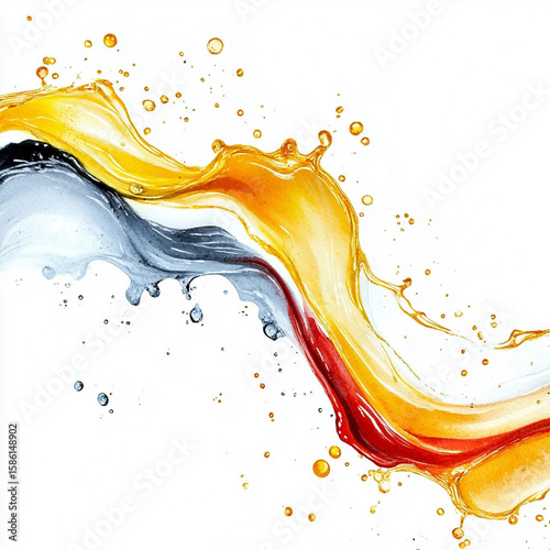 Dynamic combination of red, yellow and gold liquid with splashes. Generative AI