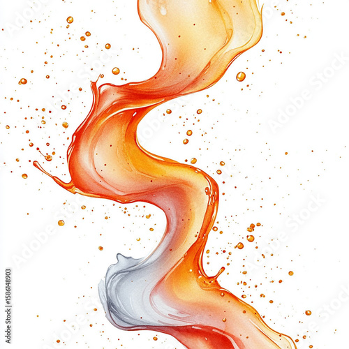 Swirl of orange-red liquid with silver accent and droplets. Generative AI