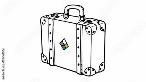 Illustration of a vintage suitcase with a handle and decorative sticker, outlined in black and white