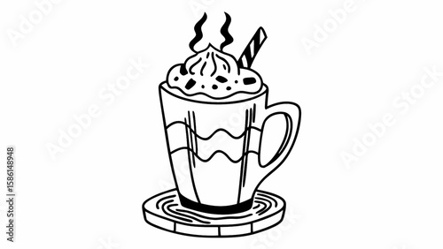 Illustration of a hot chocolate mug with whipped cream and a wafer stick on a wooden coaster design