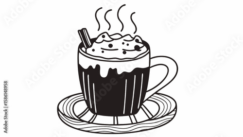 Illustration of a steaming mug of hot chocolate with whipped cream and cinnamon on a saucer design