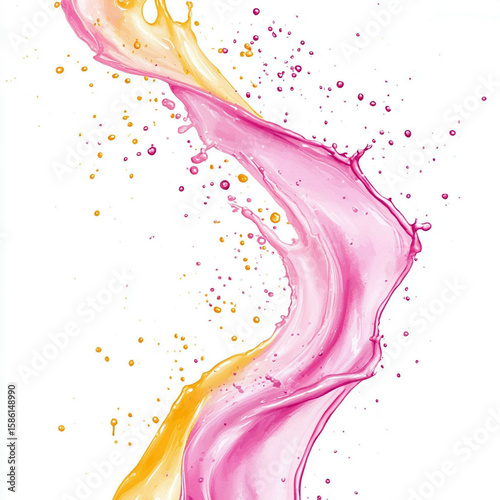 Dynamic flow of pink and orange liquid with scattered droplets. Generative AI