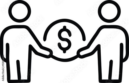 Two figures negotiating with dollar coin in line art style for business graphics
