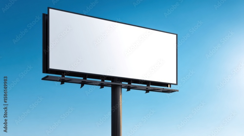 Obraz premium Tall empty billboard sign on blue sky background for outdoor advertising display.