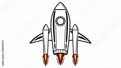 Illustration of a rocket ship with flames coming out of the engines on a white background design art