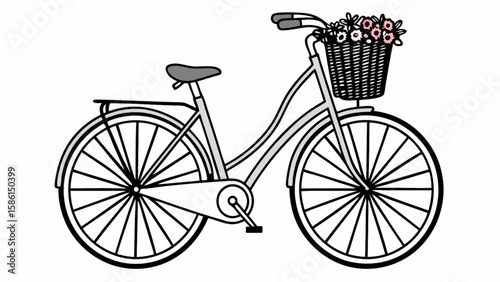 Illustration of a vintage bicycle with a basket full of flowers on a white background in a simple style