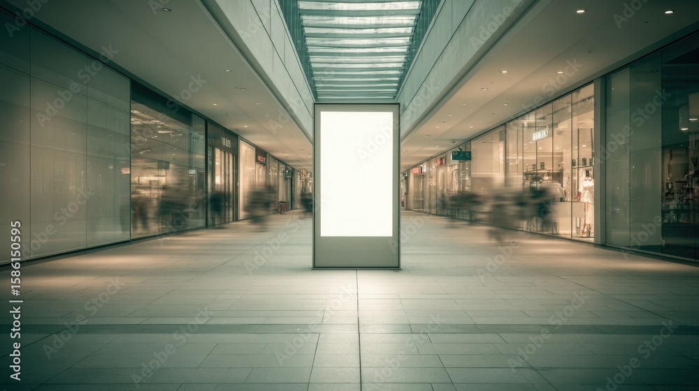 Obraz premium Modern shopping mall corridor with a large illuminated advertising display and spacious walkways.