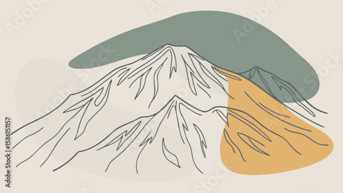 Line art illustration of two mountains with abstract shapes in gray and yellow on a beige background