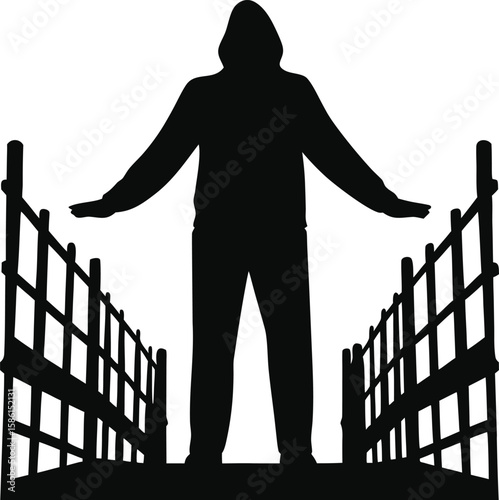 Hooded figure standing at the end of a bridge mysterious dark silhouette on foggy path illustration, Hooded figure on bridge, Mysterious man standing, Dark cloaked silhouette
