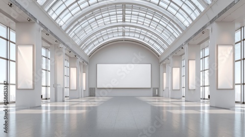 Bright spacious modern gallery interior with high arched glass ceiling and large blank wall.