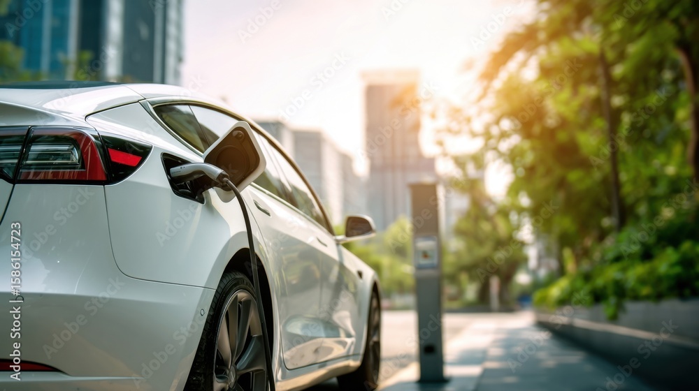 Fototapeta premium Modern white electric car charging at station in city during sunset with urban background.