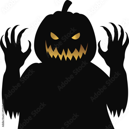 terrifying pumpkin-headed monster with glowing face and claws extended halloween horror vector art,
halloween pumpkin monster with claws,
scary pumpkin beast illustration,
clawed jack o lantern