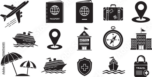 Collection of travel and vacation icons including airplane passport cruise ship hotel and luggage