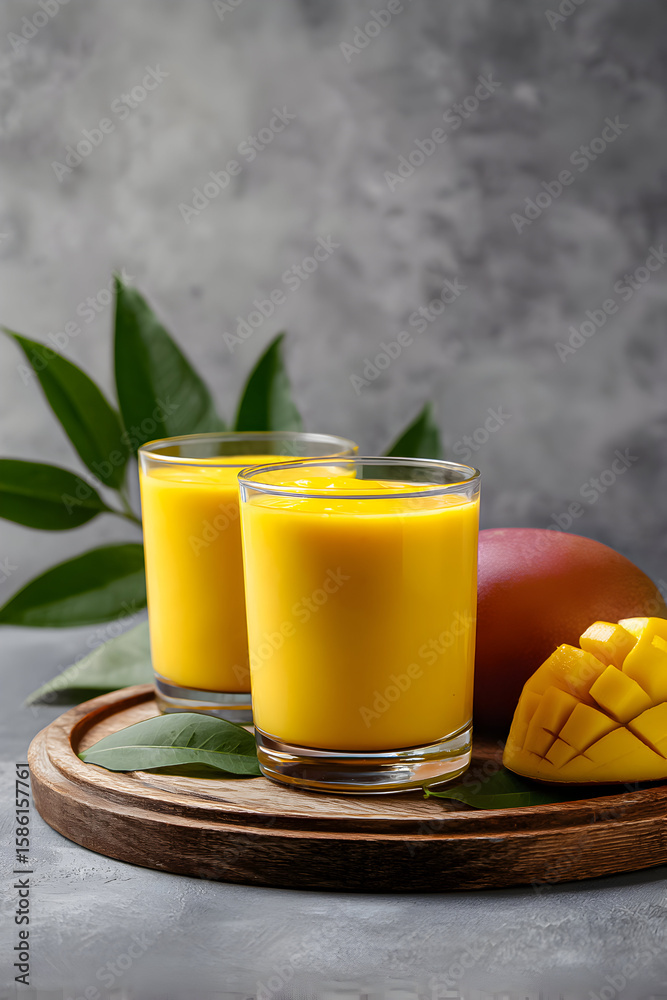 Fototapeta premium Refreshing mango juice served in glass cups on a wooden tray with fresh fruit and green leaves in a bright kitchen setting