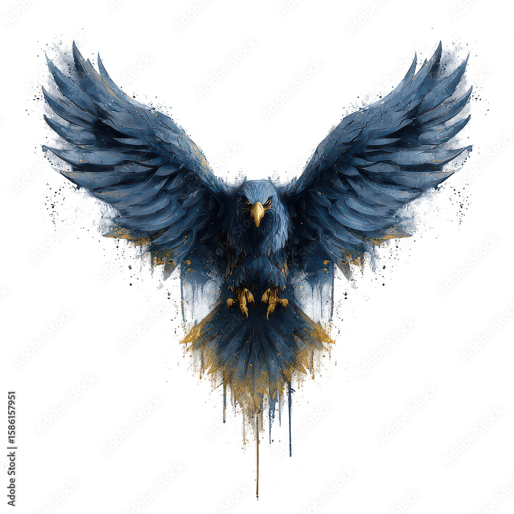 Obraz premium Blue eagle painting with spread wings and golden beak and claws, artistic splash effect with transparency background, powerful and dynamic bird illustration
