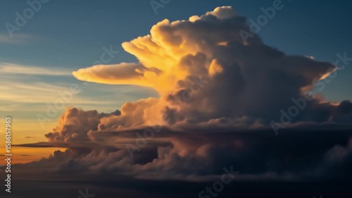8K wallpaper, Majestic Cumulonimbus Cloud Illuminated by Golden Sunset Light in a Dramatic Sky, Atmospheric Cloudscape at Dusk or Dawn