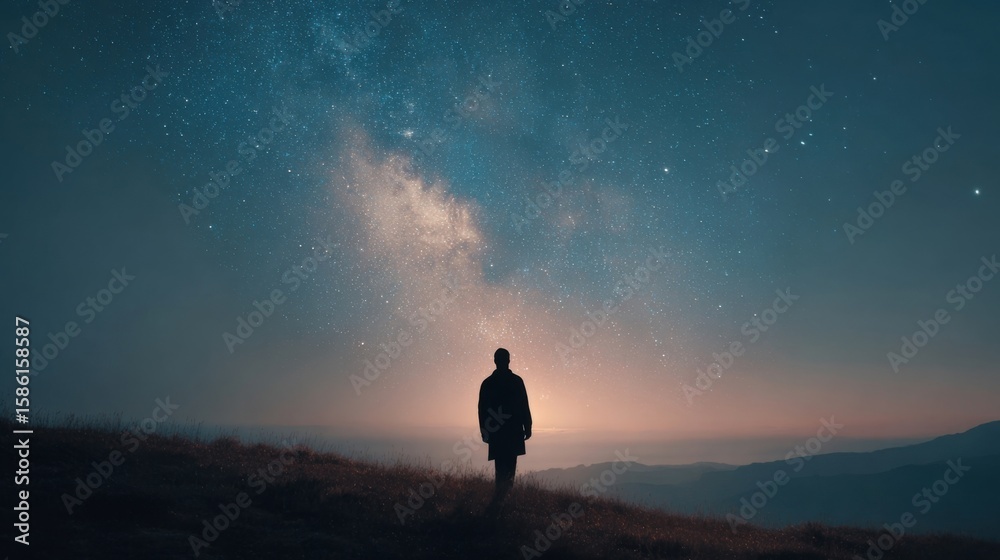 Fototapeta premium Person Standing Under Night Sky with Milky Way Visible Over Mountain Horizon Landscape.