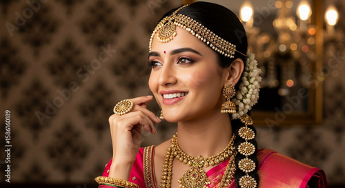 A beautiful indian bride smiles wearing traditional gold jewelry and sari