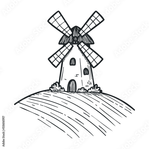 Rustic windmill on hill with blades in sketch style. Hand drawn vector illustration