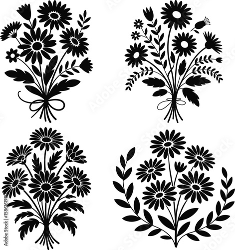 flower silhouette, floral silhouette, flower outline, botanical flower silhouette, black flower clipart, wildflower silhouette