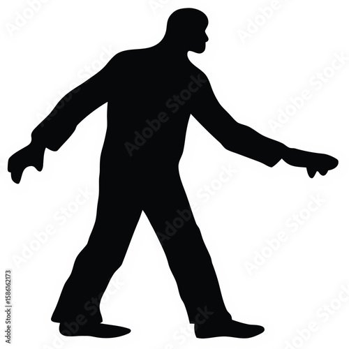 Scary zombie silhouette vector of undead man walking left with arms outstretched for Halloween graphic, walking zombie outline, undead silhouette art, halloween horror pose