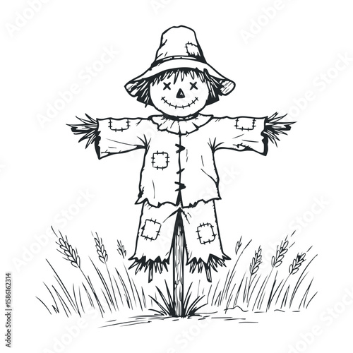 Rustic straw scarecrow drawing in wheat field with hat and patchwork clothing. Hand drawn vector illustration