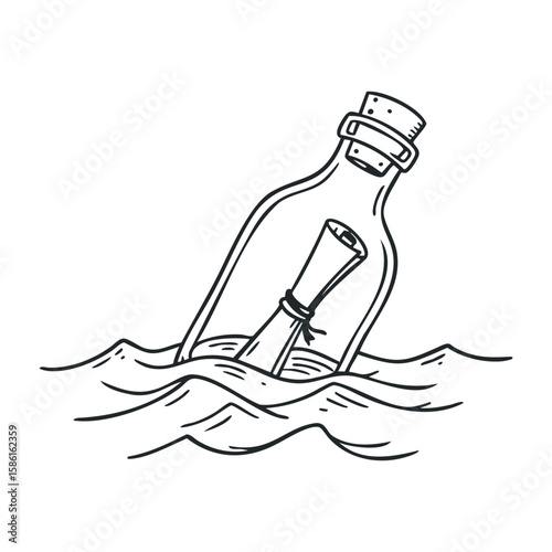 Message in a bottle floating on ocean waves black and white sketch. Hand drawn vector illustration