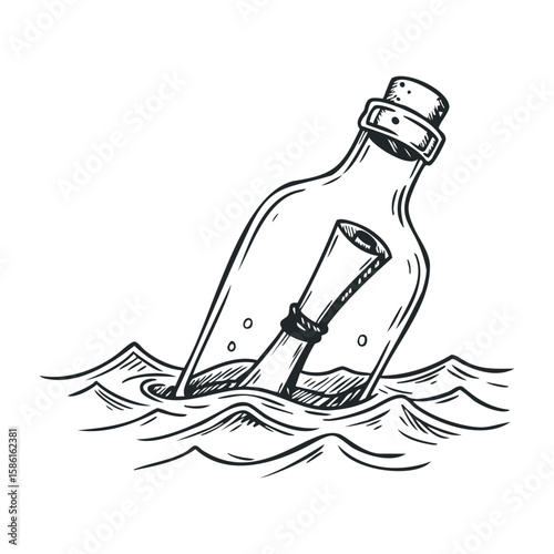 Message in a bottle floating on waves drawing with nautical theme. Hand drawn vector illustration