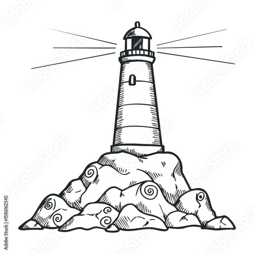 Black and white lighthouse drawing on rocky coastline with light beams. Hand drawn vector illustration