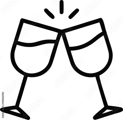 Two wine glasses clinking in minimalist outline style for celebration design projects