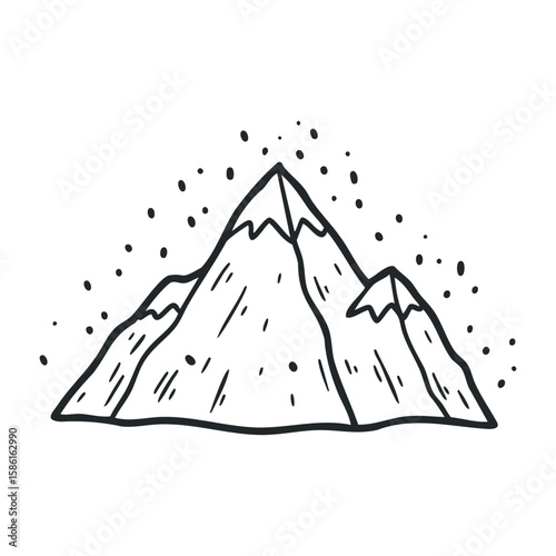 Hand-drawn mountain peaks with dots and lines in minimalist black on white style. Hand drawn vector illustration