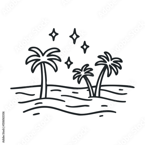 Tropical island with palm trees and stars in minimalist black line art. Hand drawn vector illustration